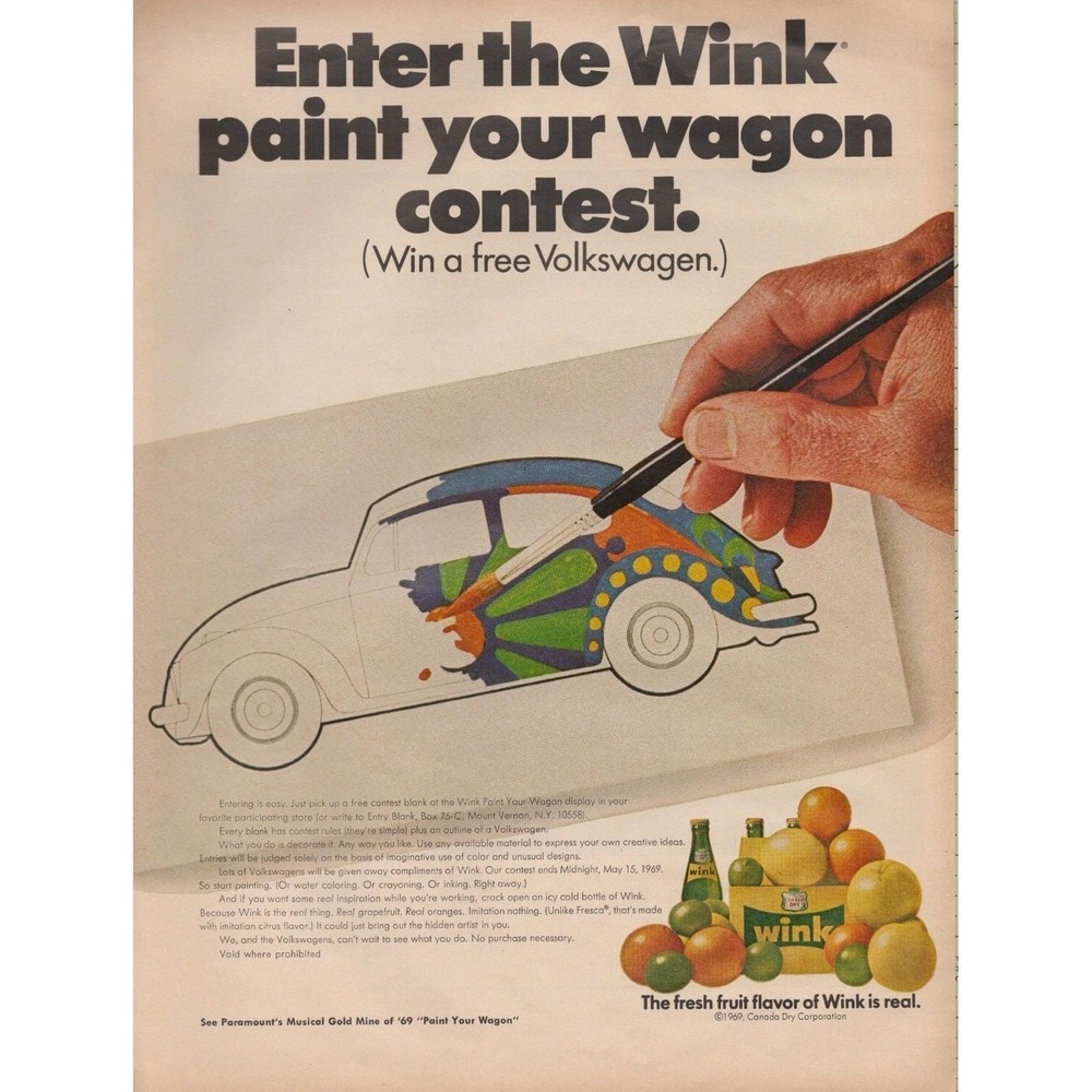 1969 Wink Soda Volkswagen Paint Your Wagon Contest Vintage Print Ad VW Beetle